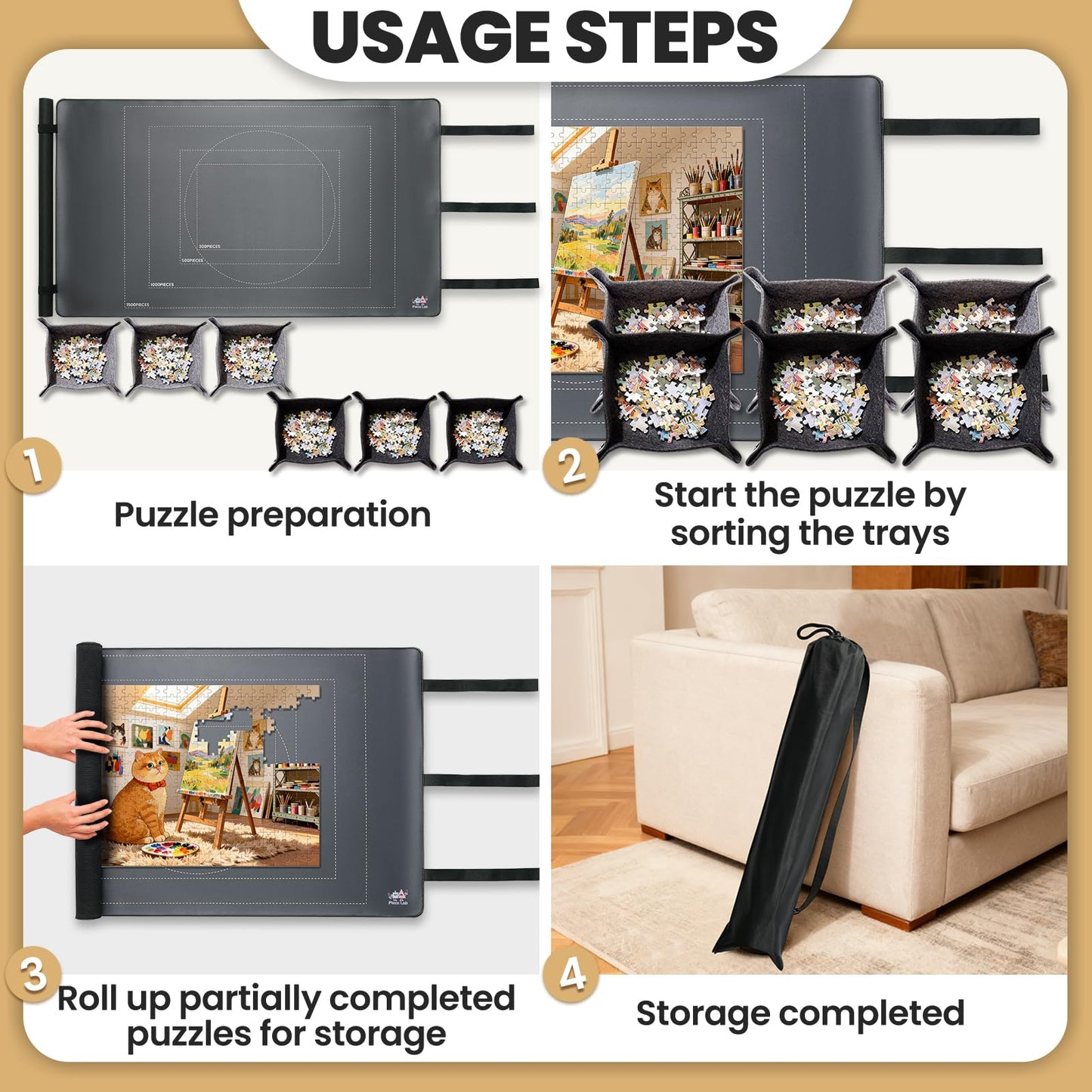 Premium All-in-One Puzzle Mat Roll Up - 46" x 26" Puzzle Mat Holds Up to 1500 Pieces with Non-Slip Rubber Bottom & Smooth Top + 6 Puzzle Sorting Trays & Beautiful Gift Packaging