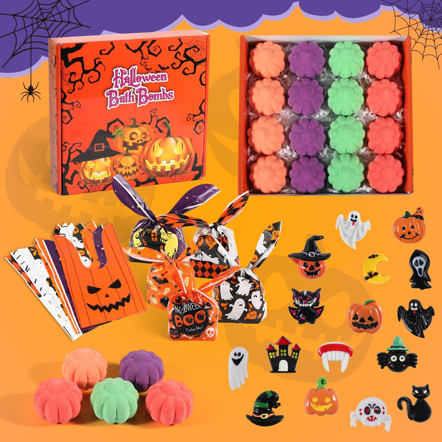 Halloween Gifts for Kids - 16pcs Halloween Bath Bombs for Kids with Toys Inside Halloween Party Favors Goodie Bag Fillers Natural Organic Bubble Bath with Spooky Pumpkin Bath Bombs