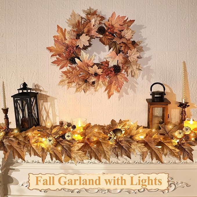 9 FT Fall Garland with Lights Timer Function Autumn Fall Leaves Garland with Berries Pine Cones Pumpkins Realistic Automatic ON/Off Timer Fall Decorations for Home Mantle Fireplace Porch Table