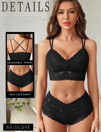 Avidlove Womens Lingerie Sexy Naughty Set Bralette and Panty Set Black Bra and Underwear Set(Black,XL)