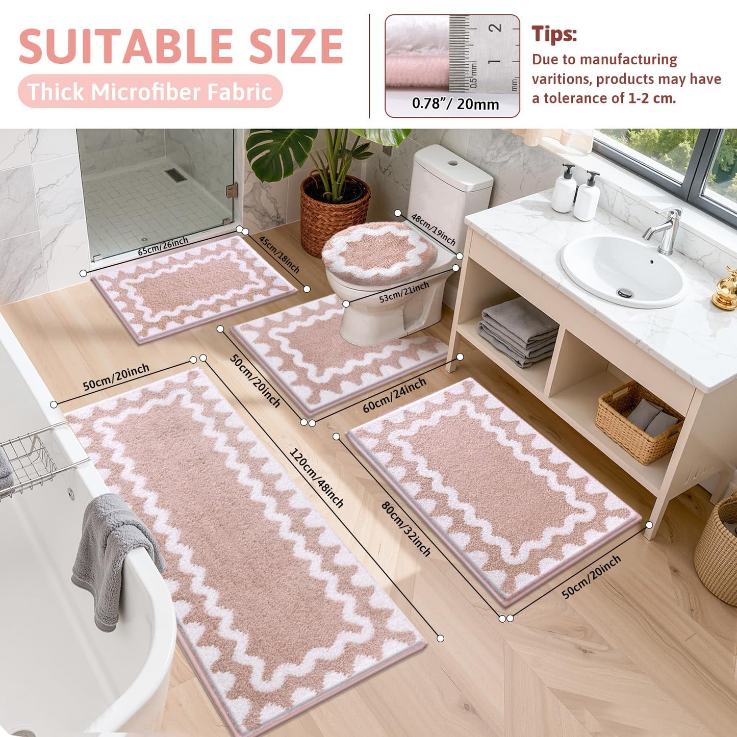 Findosom Bathroom Rugs Sets 5 Piece, Absorbent Soft Non-Slip Washable Microfiber Shaggy Bath Mat Set with Bathroom Runner Rug, U-Shaped Toilet Rugs, Shower Rug & Toilet Lid Cover, Pink-White