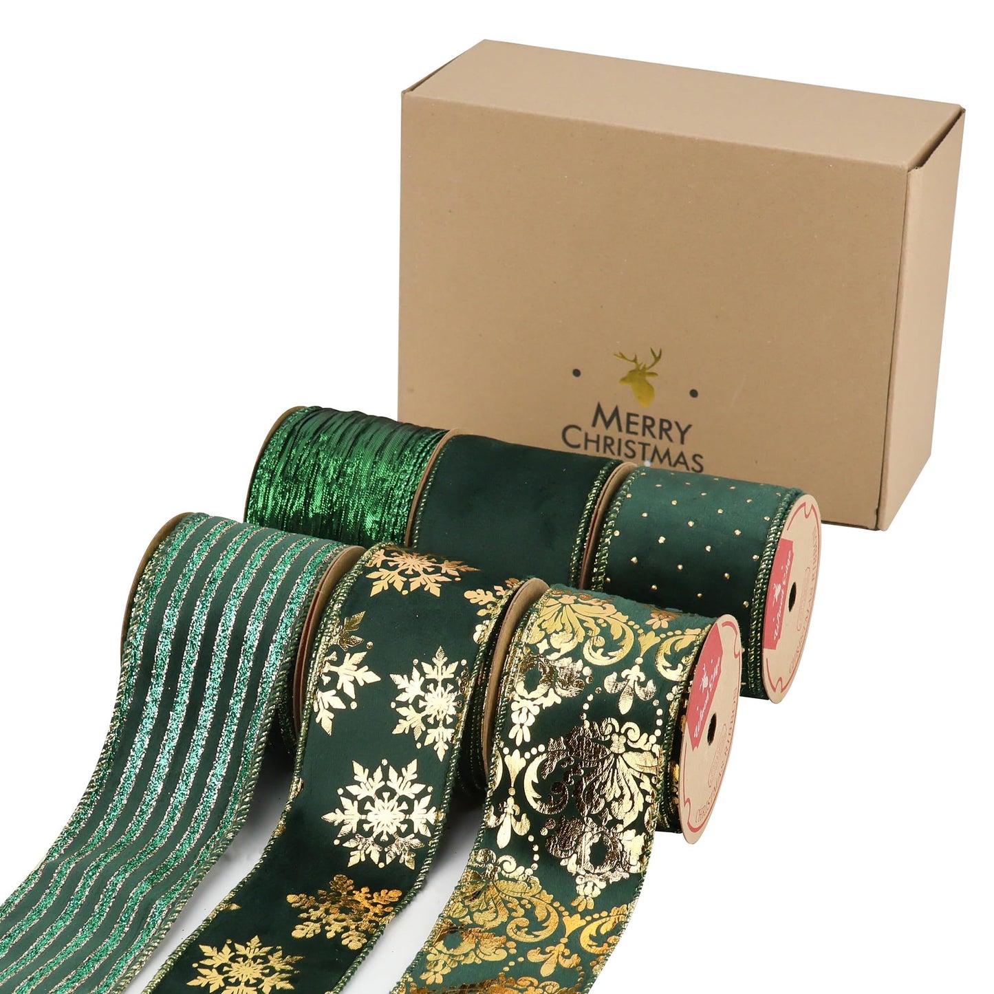 HUIHUANG Christmas Ribbon Wired Green Velvet Christmas Tree Ribbon Green and Gold Wired Ribbons for X-mas Tree, Wreath, Garland, Bows, Home Decor (2-1/2" X 6 Rolls, 36 Yds Total)