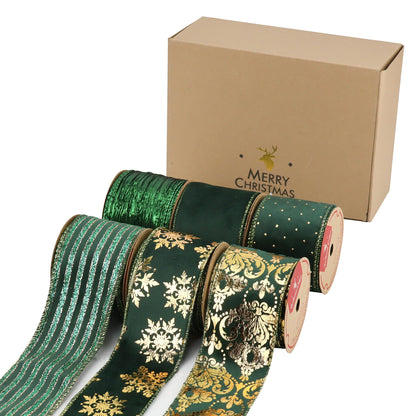 HUIHUANG Christmas Ribbon Wired Green Velvet Christmas Tree Ribbon Green and Gold Wired Ribbons for X-mas Tree, Wreath, Garland, Bows, Home Decor (2-1/2" X 6 Rolls, 36 Yds Total)