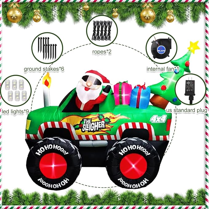 8FT Long Christmas Inflatables Monster Truck, Xmas Blow up Santa Driving Truck with Christmas Tree and Gifts Boxes Outdoor Decorations, X-mas Inflatable Yard Garden Lawn Party Holiday Decor