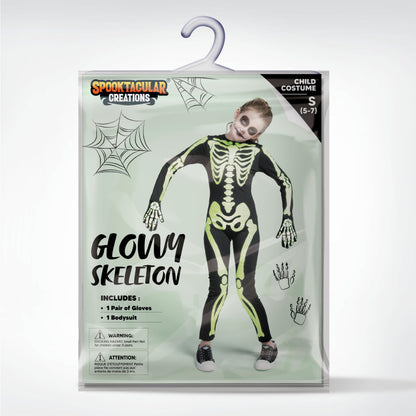 Spooktacular Creations Halloween Kids Skeleton Costume, Unisex Glow in the Dark Skeleton Jumpsuit with Gloves for Boys, Girls (Large(10-12 yrs))