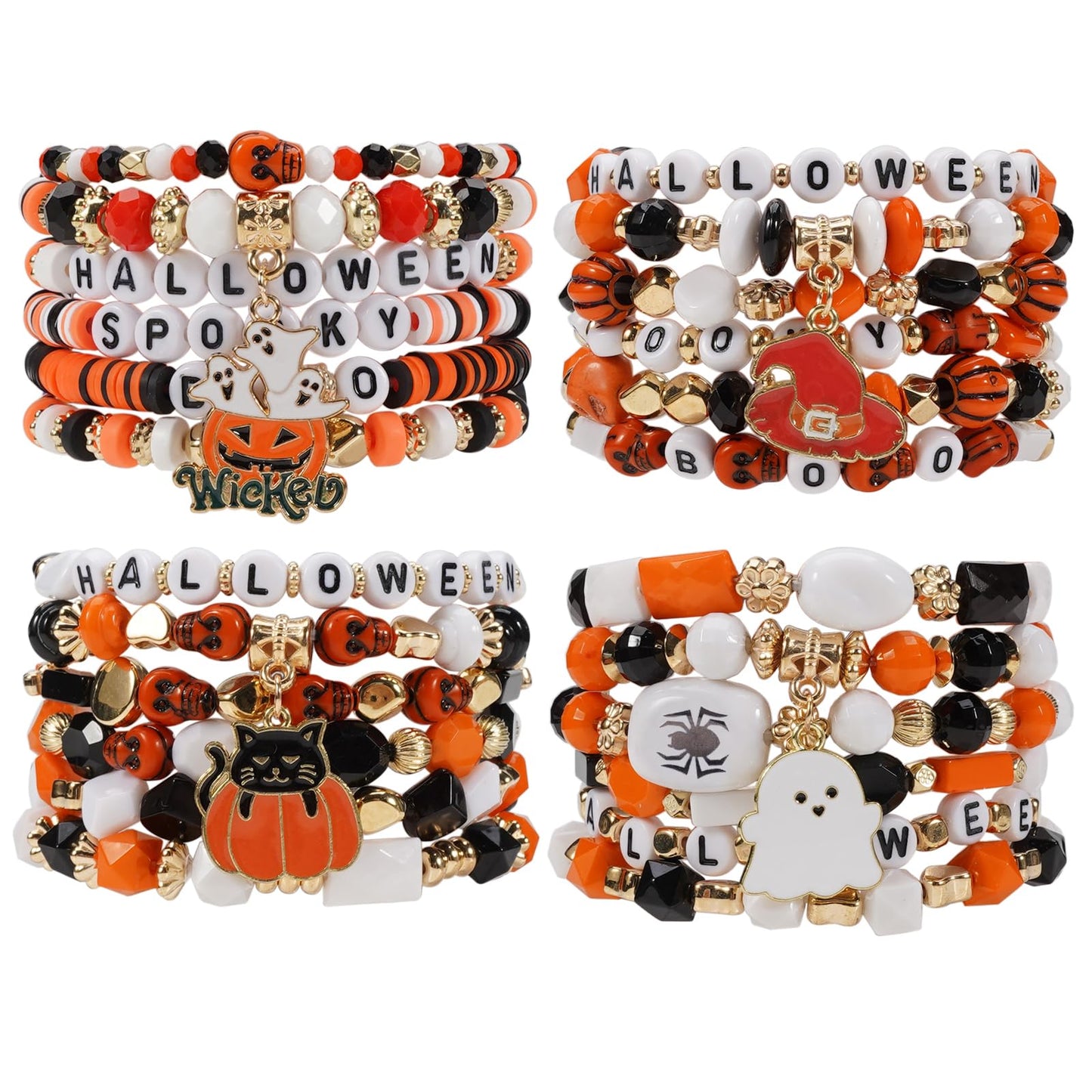 Twinfree 4 Sets Halloween Stretch Bracelets for Women, Pumpkin Ghost Cat Bat Design Beaded Bracelet