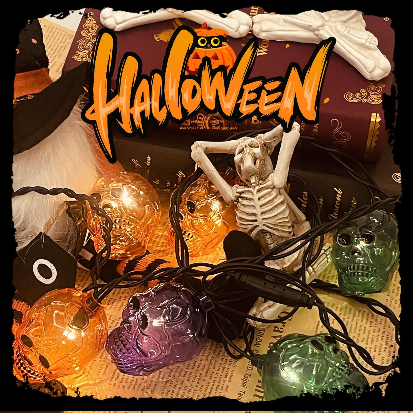 GOOTHY Halloween Skull String Lights 8.5Ft Outdoor Halloween Decorations Lights with 10 LED Orange Purple Green Skeleton Light, Plug in Skeleton Lights for Indoor Party Window Patio Bedroom Decor