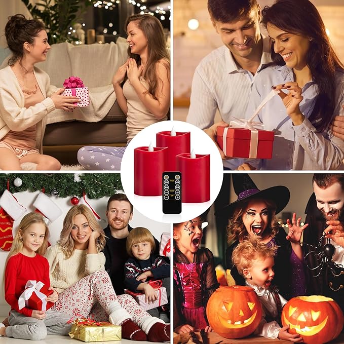 3-Pack 3x4 inch Flameless Candles: Realistic Flameless LED, Battery-Powered Pillar Candles with Remote & Timer, Fake Candles for Fall Decor, (Red, 3"*4"-3pcs)