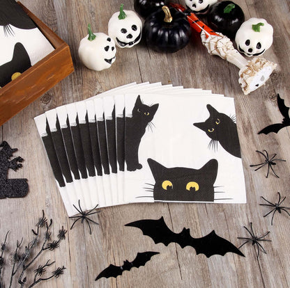 Quera 50 Pack Black Cat Disposable Paper Napkins Party Supplies Halloween Paper Napkins Cocktail Napkins Perfect For Halloween Black Cat Gifts Dinner Party Decoration 6.5'' X 6.5''
