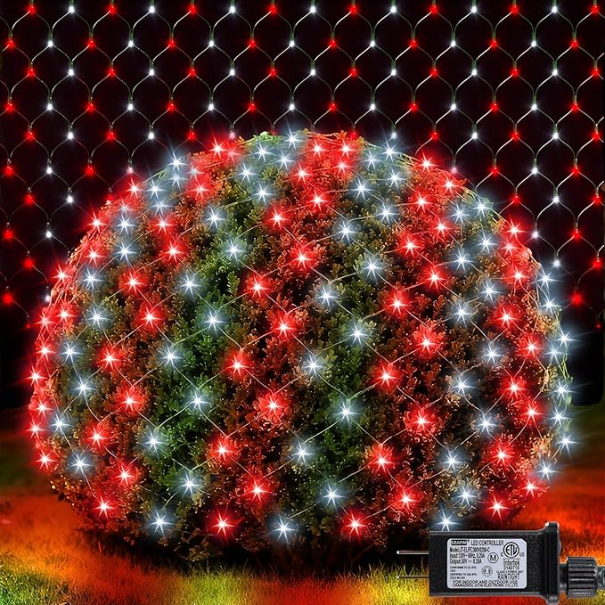 LitHome 14.8FT x 5FT Christmas Net Lights Outdoor, 300 LED Red White Bush Lights with 8 Modes, Connectable Waterproof Net Mesh Light Dark Green Wire for Bushes Shrubs Outdoor Christmas Holiday Decor