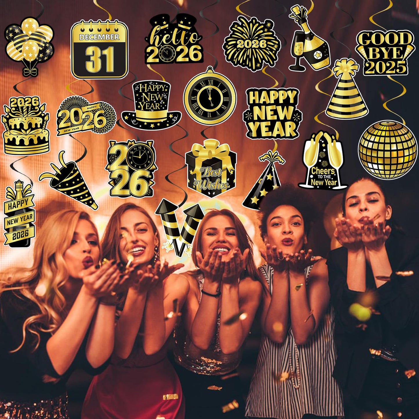40Pcs Happy New Year Decorations Hanging Swirls, Black and Gold Happy New Year Hanging Swirls Ceiling Decor for New Year's Eve Party Decorations Supplies 2026