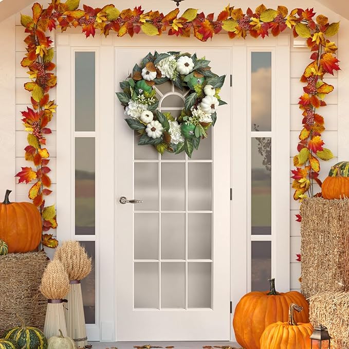 18 Inch Summer Wreaths for Front Door and Leaves Spring Door Wreath with Hydrangea and Maple, Artificial Floral Wreath for Porch, Window Farmhouse Party Holiday Home Decor