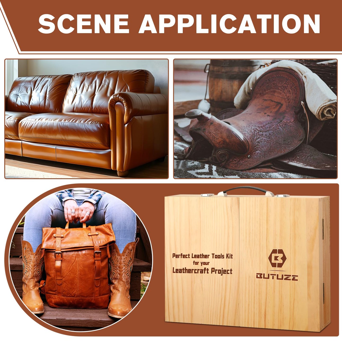 BUTUZE Leather Working Kit, Boxed Leather Tooling Kit, Leather Crafting Tool Kit, Cutting, Punching, Carving, Heavy Duty Leather Sewing Kit Professional Leather Working Tools and Supplies