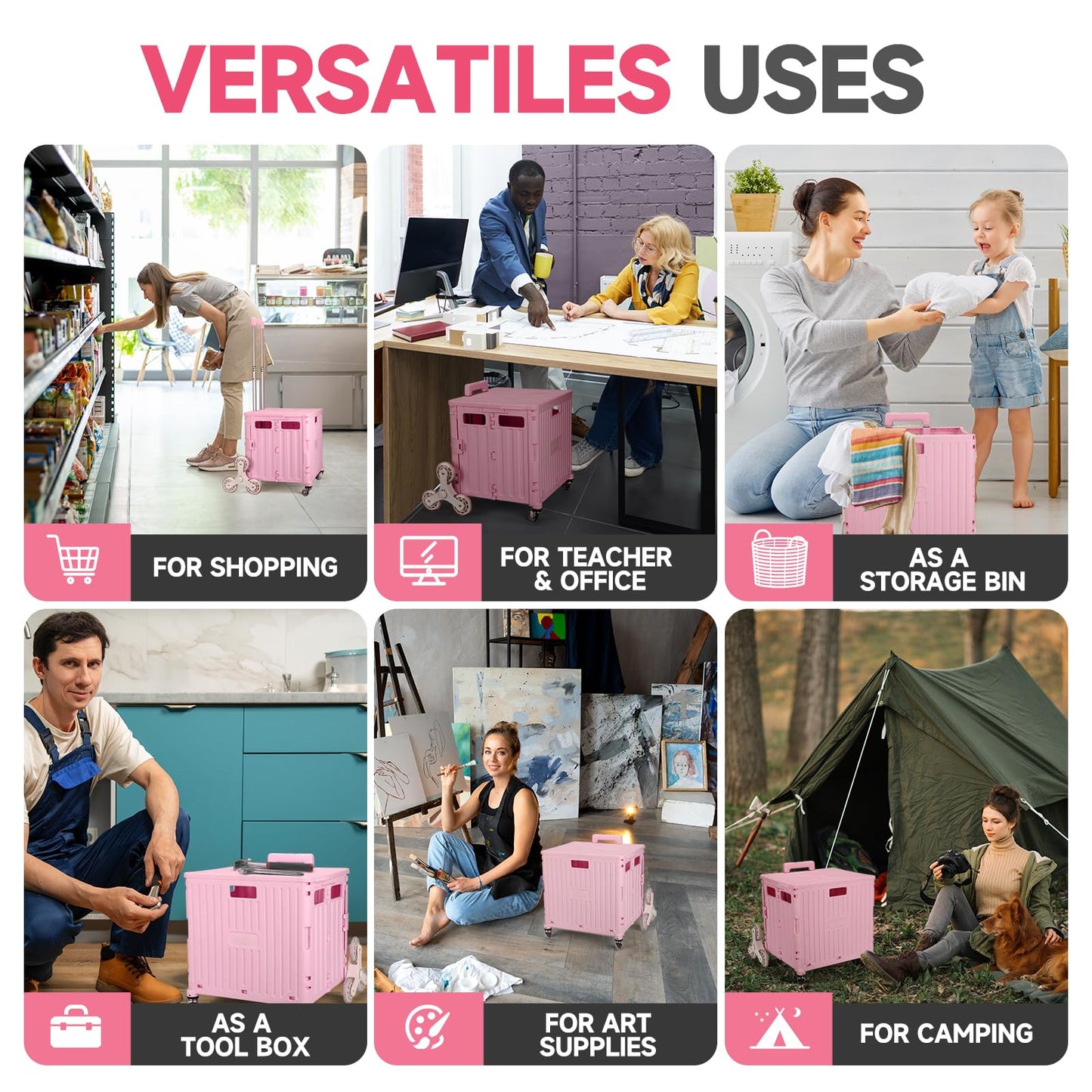 Foldable Rolling Cart for Stair Climbing: Rolling Crate for Grocery File Office Book (Pink)