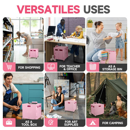 Foldable Rolling Cart for Stair Climbing: Rolling Crate for Grocery File Office Book (Pink)