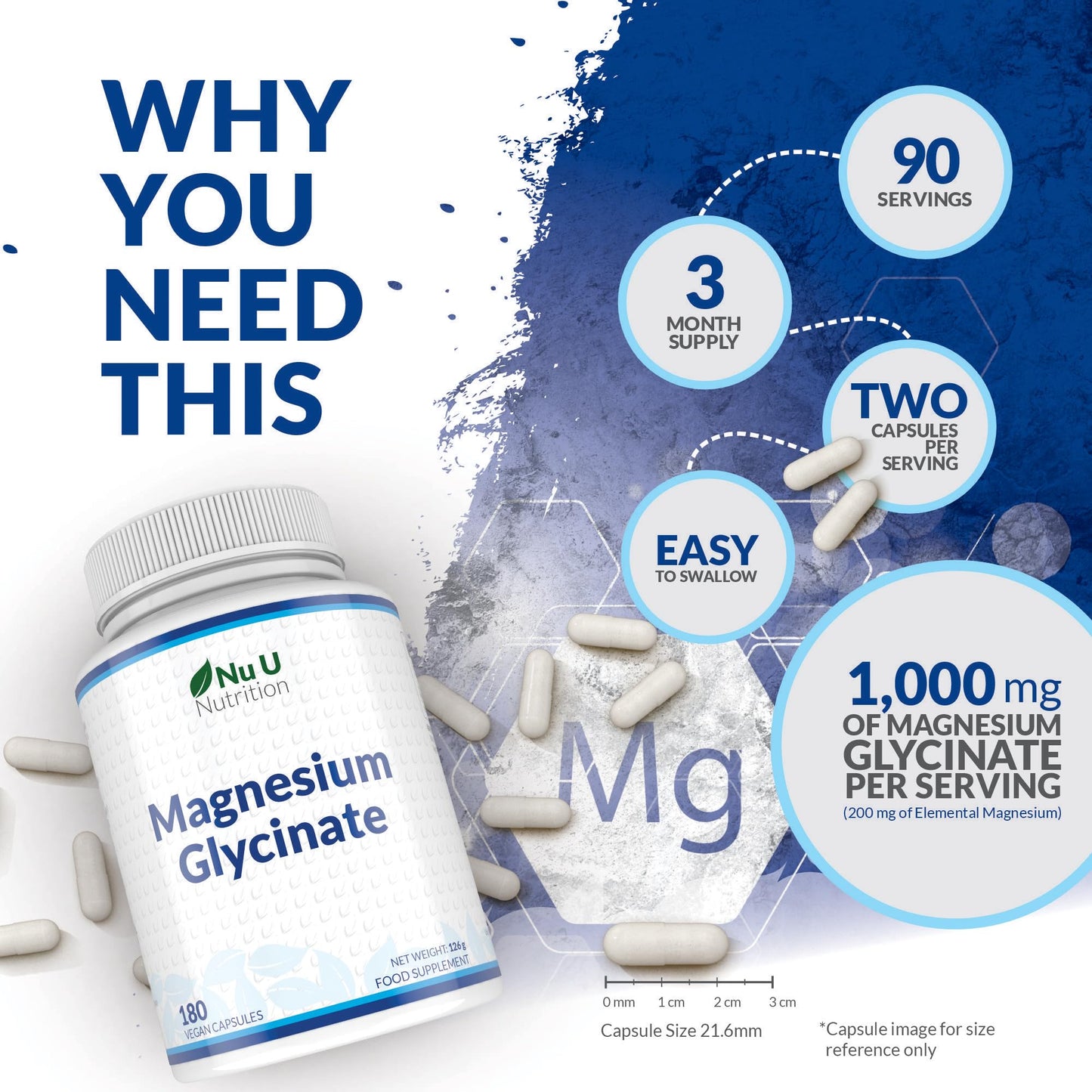 Magnesium Glycinate Supplements 1000mg (Bisglycinate) - 180 High Strength Vegan Capsules - 3 Month Supply - Providing 200mg of Elemental Magnesium - Made in The UK - Nu U Nutrition
