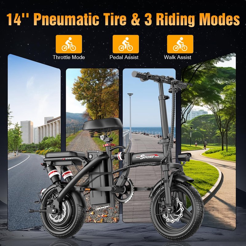 GWEIT Electric Bike for Adults Teens, 800/1200W Peak Folding Ebike, 22/25MPH & 30/45 Miles Range, 14" Commuting Ebike with Dual Suspension & Dual Brake, 3-Speed Modes, Portable Electric Mini Bike