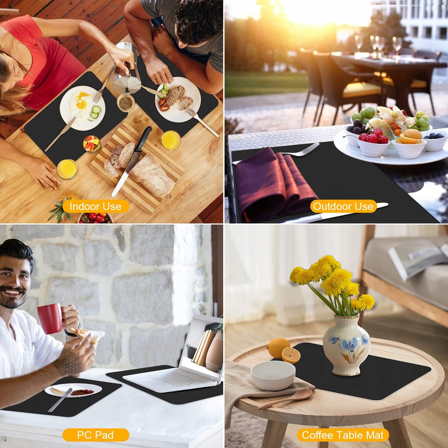 Bacgnyer Placemats Set of 6 Placemat with Coasters Heat Stain Scratch Resistant Non-Slip Waterproof Oil-Proof Washable Wipeable Outdoor Indoor for Dining Patio Table Kitchen Decor and Kids (Black 6)