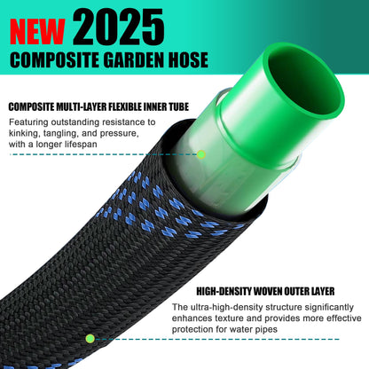 Garden Hose 100 ft, 2025 Upgarded Flexible Water Hose 100ft With 10-Pattern Spray Nozzle, Kink-Free, Lightweight, Durable, Leak-Proof Solid Brass Fittings (Black & Blue)