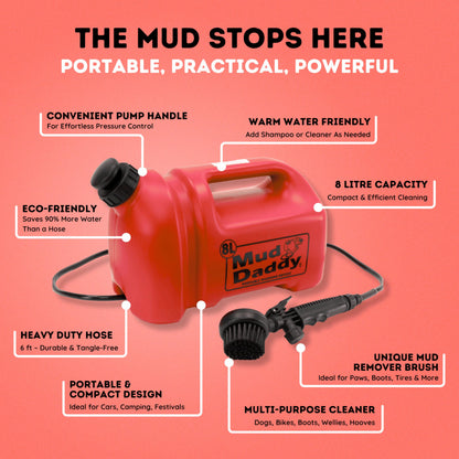 8 Litre Mud Daddy Portable Pet Washing Device | Muddy Walks | Pet Cleaning | Grooming | Red