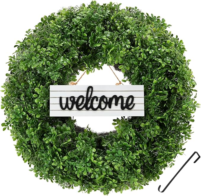 24" Wreath, Artificial Boxwood Wreaths for Front Door, Spring and Summer Wreath, Used for Spring Home Decor,Farmhouse or Room Indoors,Outdoors, corridors, Offices (Green)