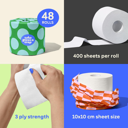 Who Gives A Crap – 100% Recycled, Twice as Long, Sustainable Toilet Roll, Box of 48 (3-Ply, 400 Sheets) - Soft, Strong, Sustainable
