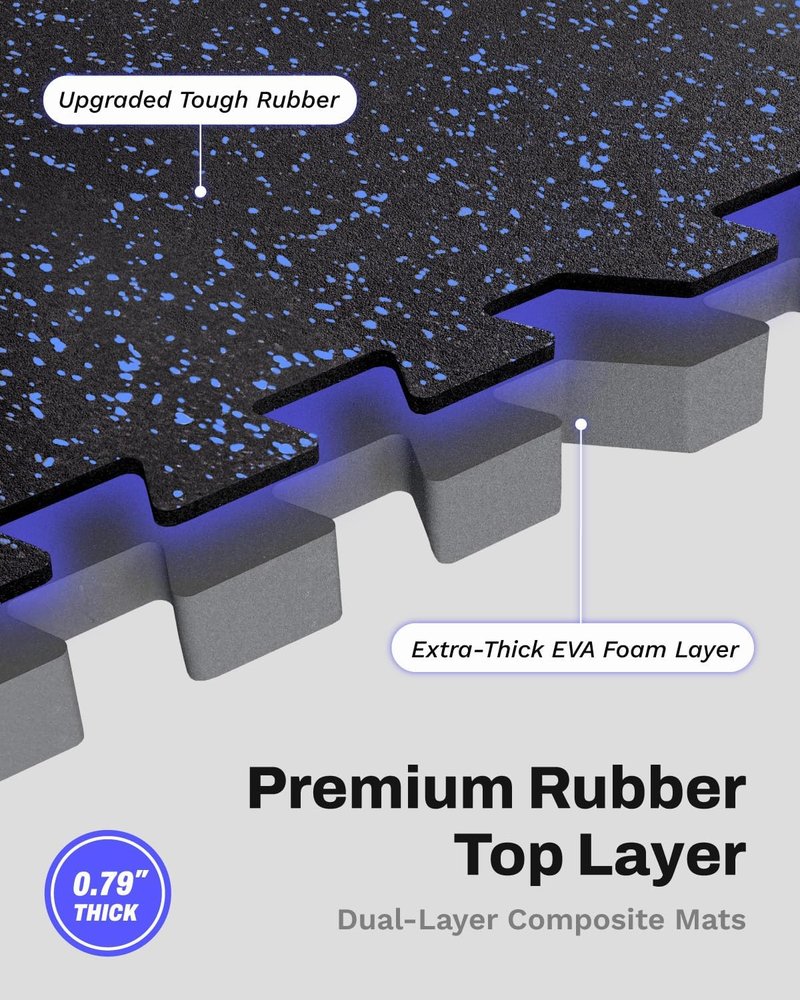 AIRHOP Exercise Mats - 0.79in Thick Interlocking Rubber Tiles | 72 Sq Ft Home Gym Flooring in Black & Blue