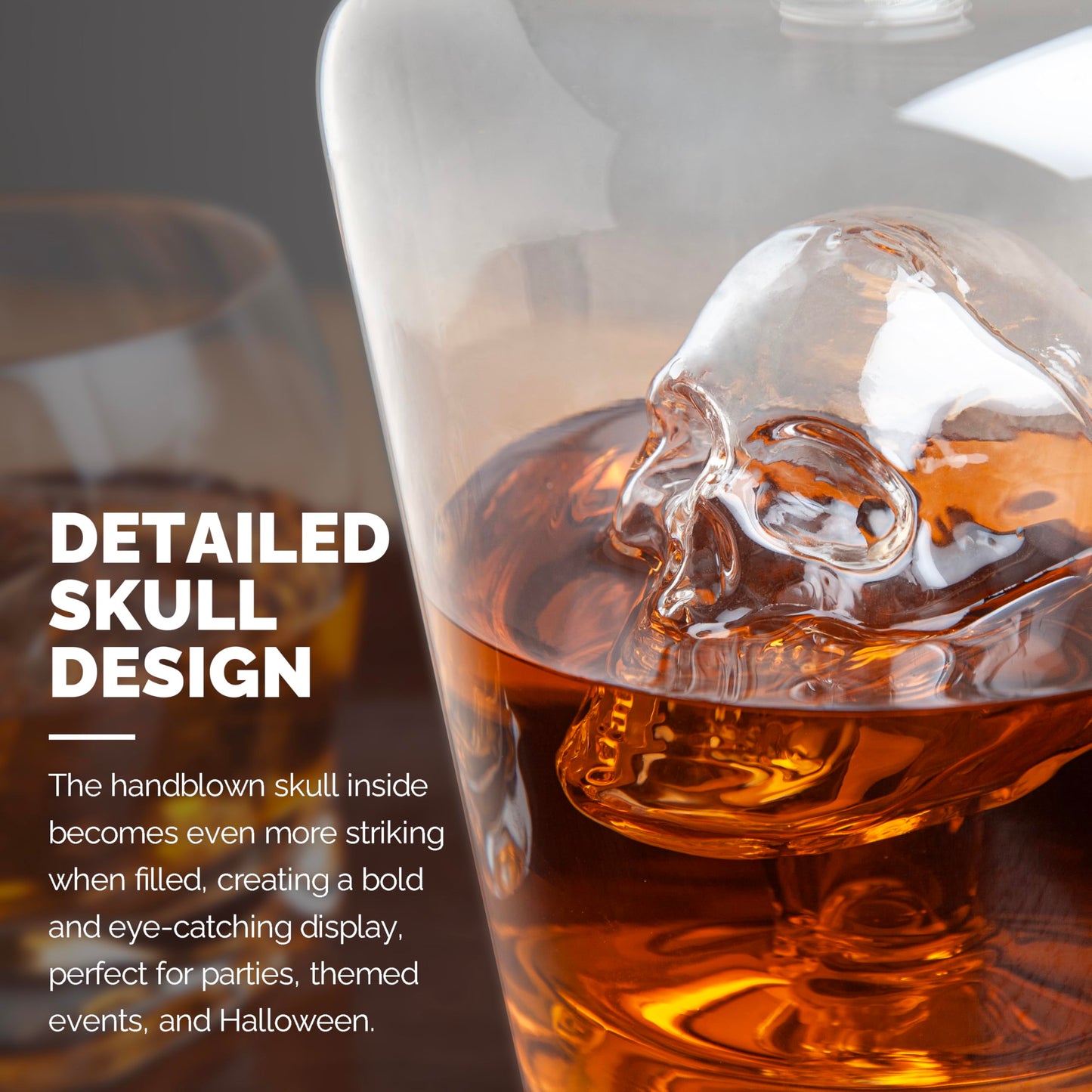 Final Touch Brain Freeze Skull Decanter - 34oz Handblown Glass with Intricate Skull Inside - Ideal for Halloween Decor, Themed Parties, Enhances Liquor Display with Freshness Seal