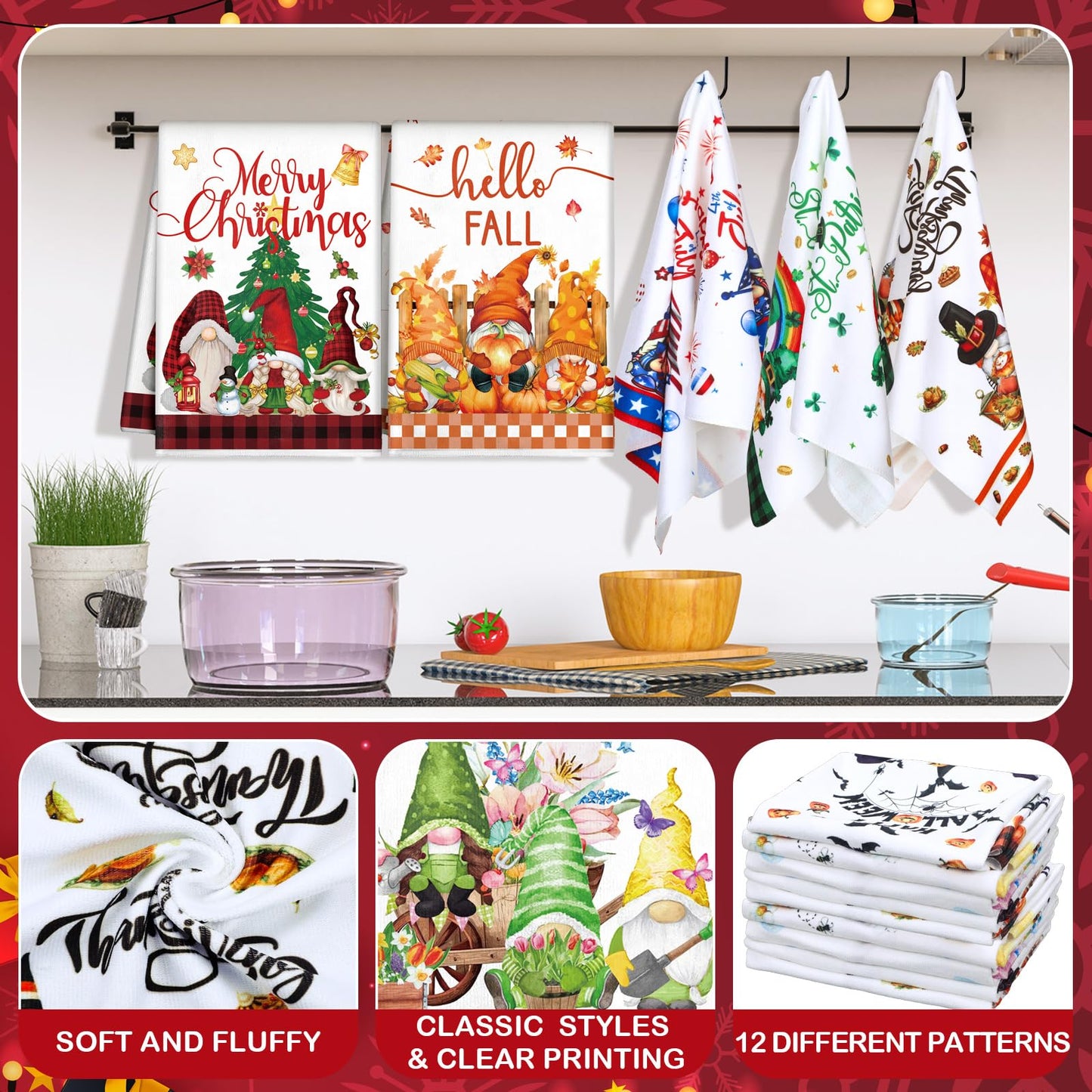 FuWeave 12 Pcs Seasonal Kitchen Towels Set for All Holidays Hand Dish Tea Towels Fall Halloween Christmas Absorbent Dishcloths Housewarming Gift for Cooking Kitchen Bathroom(Gnome Style,Bright Color)