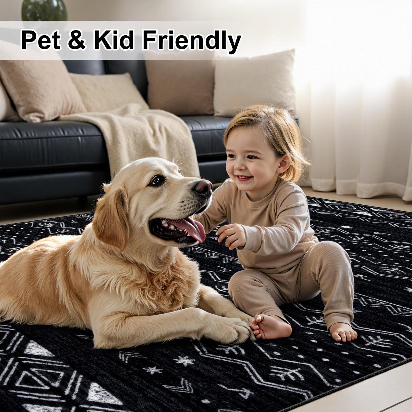 SERISSA 6x9 Area Rugs for Living Room, Washable Non-Slip Black and White Boho Rug, Soft Low-Pile Geometric Indoor Large Carpet for Dining Room Bedroom Home Office Playroom