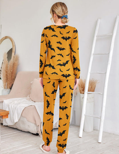 Ekouaer Womens Halloween Jogger Pajama Sets Long Sleeve Sleepwear Round Neck Nightwear Soft Pjs Lounge Sets with Pockets Yellow Halloween Medium