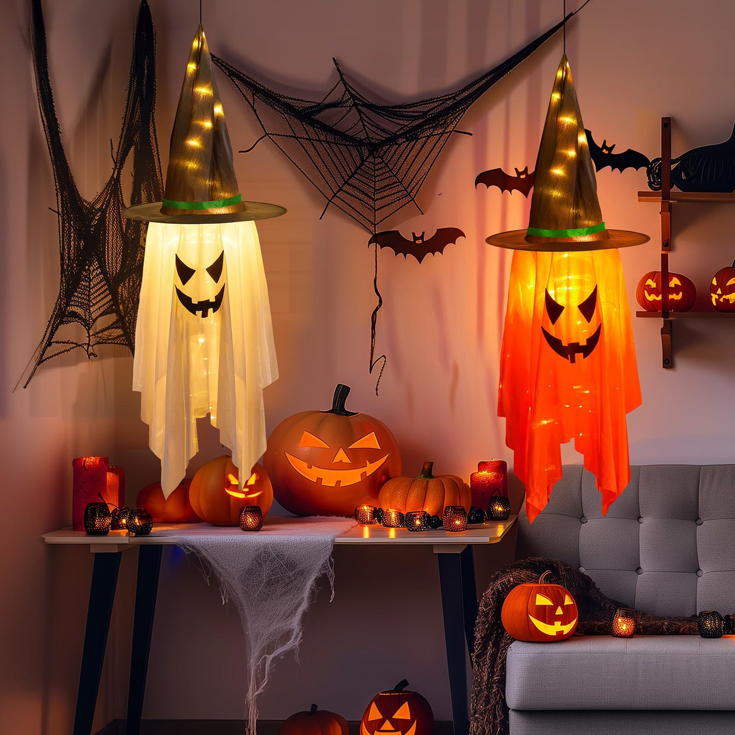 Minetom Halloween Lights Battery Operated, 2PC Large Hanging Witch Hats Lights, Total 40 LED Light up Witch Hat, Glowing Ghost Witch Hat Lights, Halloween Outdoor Decoration for Tree Indoor,Warm White