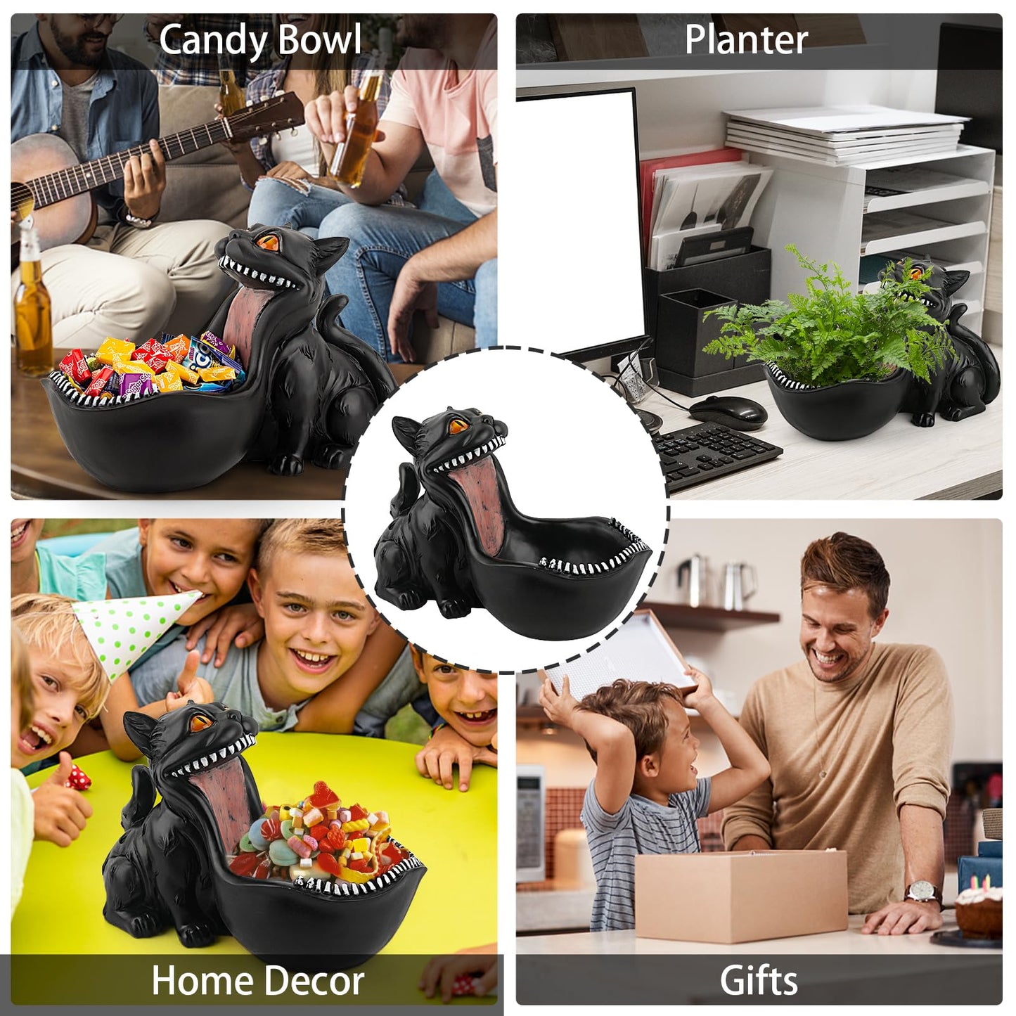 Cat Candy Bowl Gothic Decor Black Cat Statue Decorative Bowl Large Candy Dish for Office Desk Cute Key Bowl for Entryway Table Big Mouth Cat Gifts