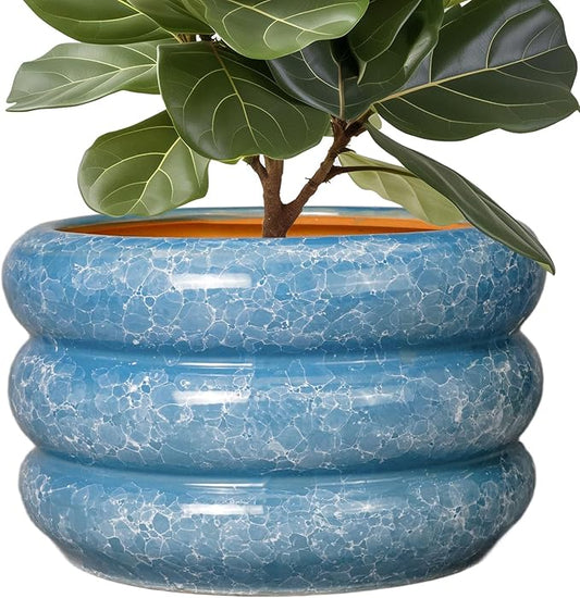 SQOWL Ceramic Plant Pot Indoor with Drainage Hole 13.5 Inch - Large Outdoor Planter Ceramic Flower Pot Modern Round Planter Decorative Plant Pot for Outdoor Porch Decor Blue