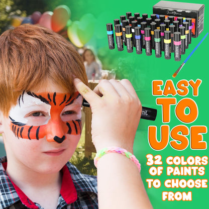 Jim&Gloria Water Based Face Paint Sticks Bulk 32 Professional Face Painting Kit for Kids Party, Metallic, Neon, Classic Facepaint Crayons, Washable Body Paint Adults Cosplay, Clown, Halloween Makeup