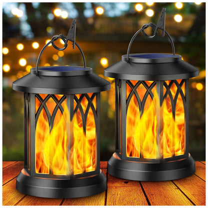 KOOPER Solar Lights Outdoor Garden, 2 Pack Hanging Solar Lanterns with Realistic Flickering Flame LED, Waterproof Flame Effect Garden Ornaments for Pathway Patio Decoration