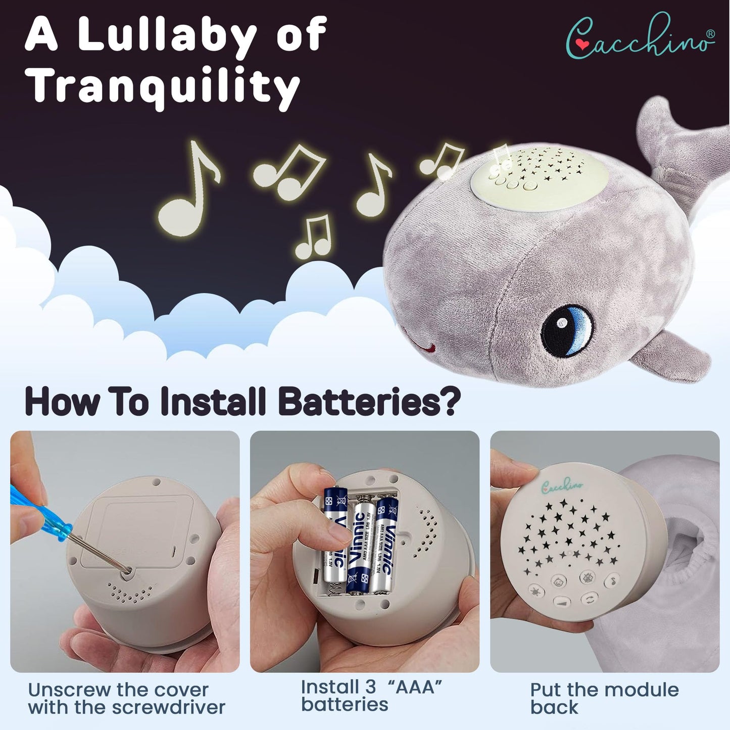 Cacchino® Ben Baby Sleep Soother, Sleep Aid with Musical Night Light Star Projector with Nursery Rhymes, Heartbeat, Soothing Sounds (No Cry Sensor/White Noise). This Plush Whale is an Ideal Baby Gift.