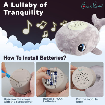 Cacchino® Ben Baby Sleep Soother, Sleep Aid with Musical Night Light Star Projector with Nursery Rhymes, Heartbeat, Soothing Sounds (No Cry Sensor/White Noise). This Plush Whale is an Ideal Baby Gift.
