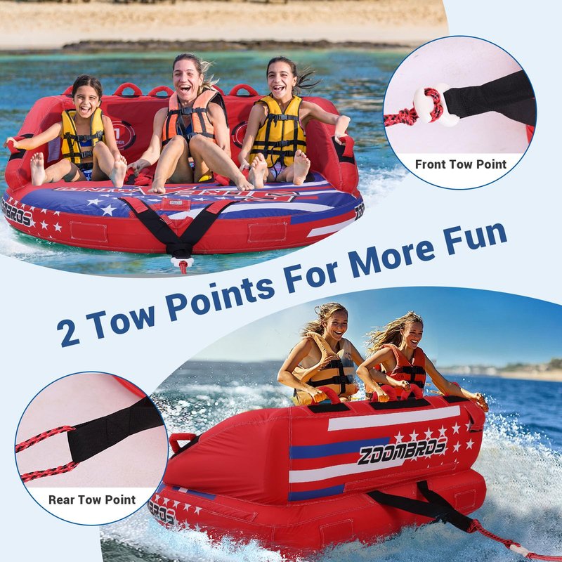 ZOOMBROS Towable Tubes for Boating 2-3 Person, Front/Back Tow Points Sofa Style Boat Tubes and Towables, Holds 340-510 lbs Large Capacity, Premium Nylon Cover for Adults