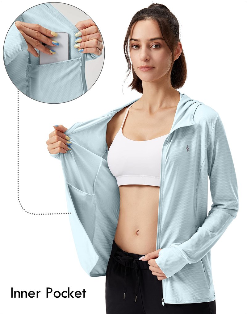 Soothfeel Women's UPF 50+ Sun Protection Hoodie Jacket Lightweight Long Sleeve Sun Shirt for Women with Pocket Hiking Outdoor Light Blue 3XL