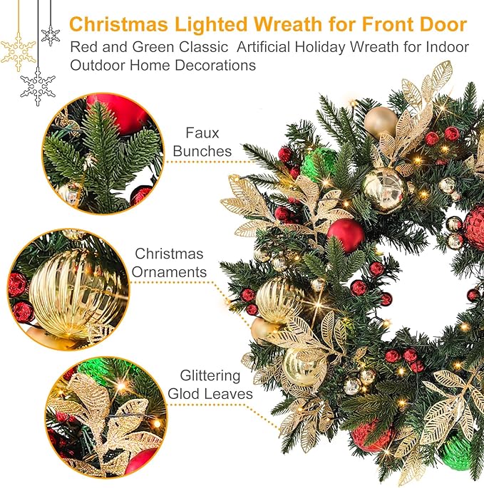 28’’ Pre-Lit Artificial Christmas Wreath Battery Operated 35 LED Lights with Gold, Green, and Red Ornaments, Glittering Gold Leaf Steams for Front Door, Xmas Wreath for Holiday Christmas Decorations