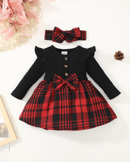 Baby Girl Christmas Outfits 6-9 Months 9-12 Month Girl Clothes Infant Girls Winter Dress Fall Spring Gifts Ribbed Ruffle Long Sleeve Red Plaid Dresses for Girls
