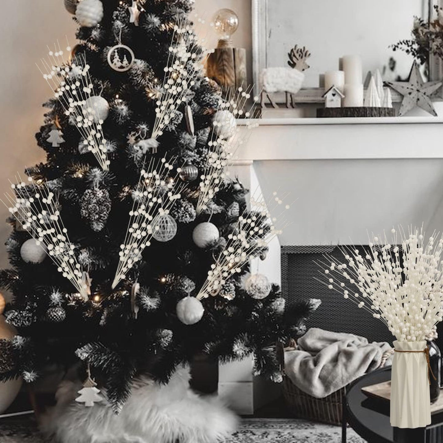 Megoogo 12 PCS Artificial Glitter Berry, White Christmas Glitter Picks Artificial Berries Stems for Christmas Ornaments Fake Sticks for Vases Tall DIY Wreath Home Decor (15.8’’)