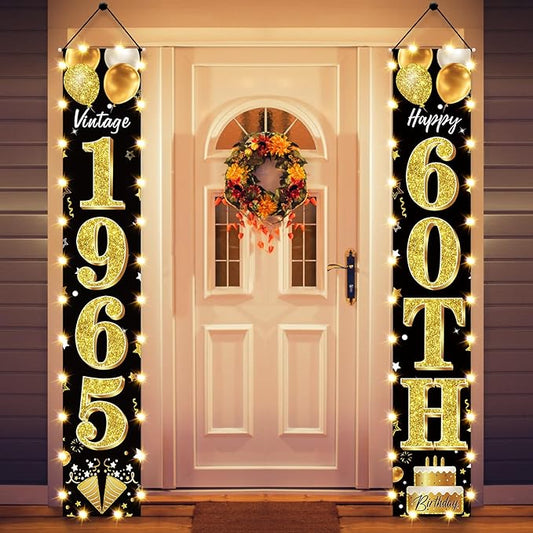 60th Birthday Party Banner Lighted Decorations for Men Women - Black Gold 1965 Birthday Decorations Door Banners with LED Light, Sixty Years Birthday Party Supplies for Indoor Outdoor Decor