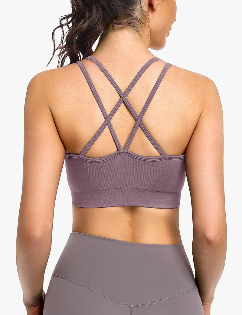 WANAYOU Sports Bras for Women, Cross Back Strappy Medium Support Sports Bra Padded Wireless Seamless Spaghetti Strap Workout Bra for Athletic Exercise Fitness 3 Pack Black White Purple Medium
