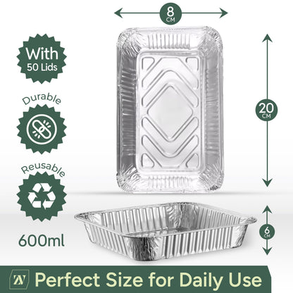 Zuvo 50 Large Aluminium Disposable Reusable Foil Food Container with Lids, 600 milliliters, Silver