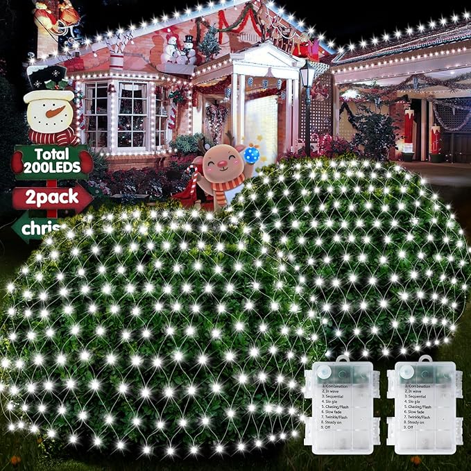 Hezbjiti Pack of 2 Battery Operated Christmas Lights Outdoor Total 200LED 5FT x 3.3FT Waterproof Timed Memory Net Mesh Lights for Xmas Trees Bushes Garden Yard Lawn Patio Christmas Decor (Cool White)