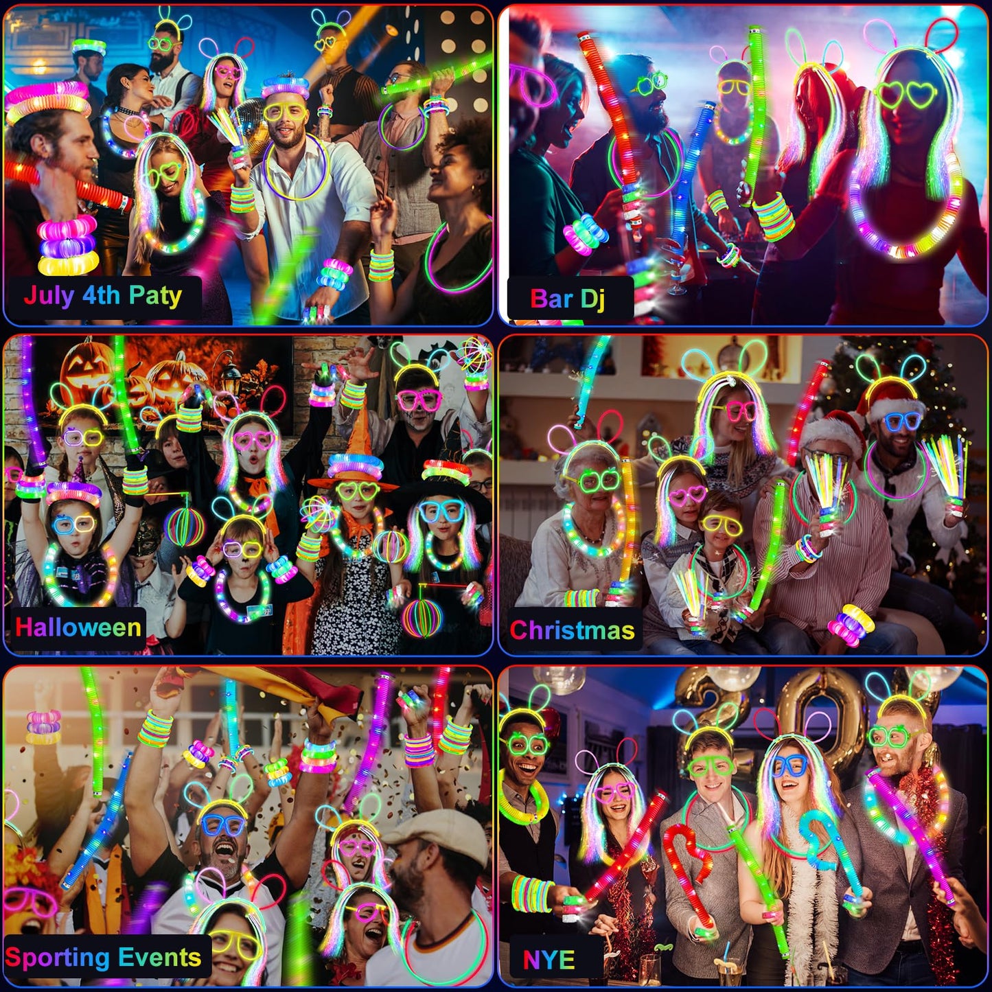 SHQDD Glow in the Dark Party Favors for Adults Kids, 27 Carnival Accessories, 56 LED Light Up Toys Bulk, 100 Glow Sticks Party Pack, Neon Party Supplies & Decorations