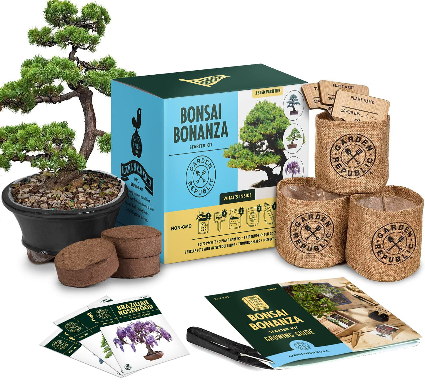 Garden Republic Bonsai Tree Kit - Grow 3 Mini Bonsai Trees, Indoor Plant Growing - Starter Kit with Seeds, Soil, Planters & Shears, Gardening Gifts for Women, Fathers Day Gardening Gifts