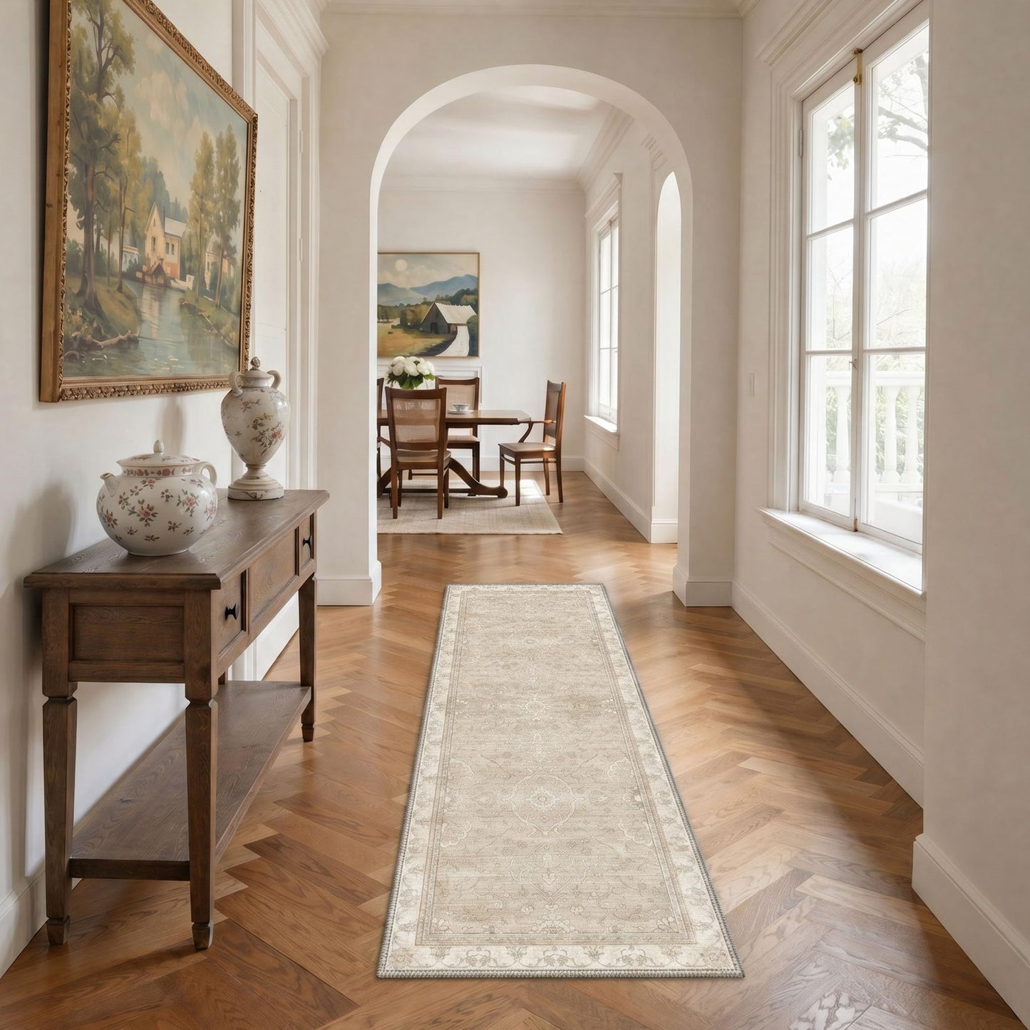 GENIMO 8X10 Area Rugs for Living Room, Machine Washable Non Slip Boho Vintage Rugs, Low Pile Soft Stain Resistant Rug for Bedroom, Dining Room, Home Office, Warm Beige